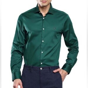 Tommy Hilfiger Slim Fit Microprint Long Sleeve Green Button-Down Dress Shirt